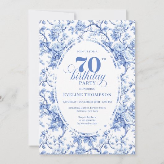 Blue Roses Luxe 70th Birthday Invitation Kaart (Voorkant)