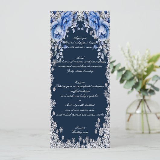 Blue Roses Snowflake Noël Mariage Menu (Debout devant)