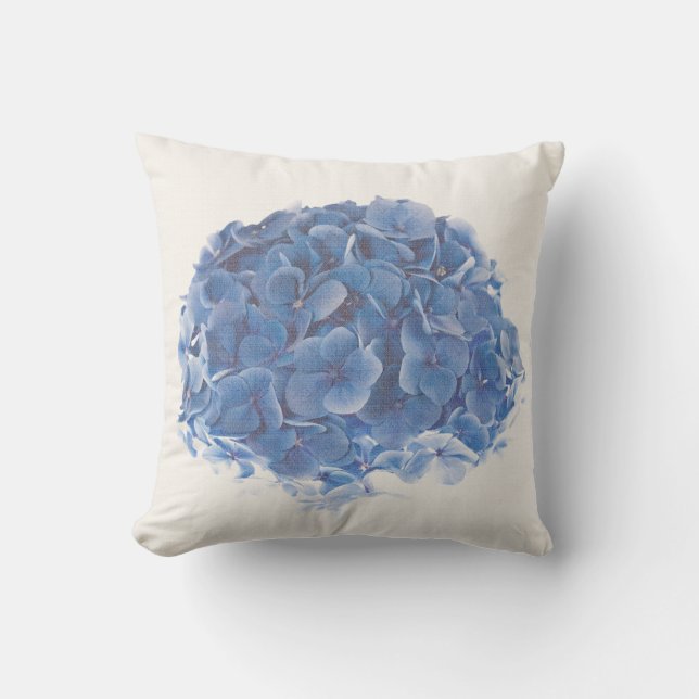 Blue Round Hydrangea Cluster op White Pillow Kussen (Voorkant)