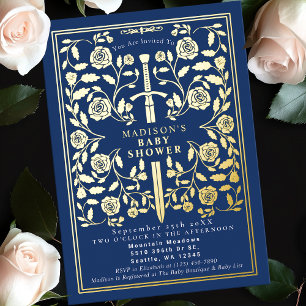 Blue Royal Medieval Gold Sword Boy Baby shower Folie Uitnodiging
