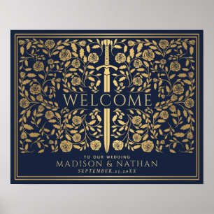 Blue Royal Medieval Gold Sword Wedding Welcome Poster