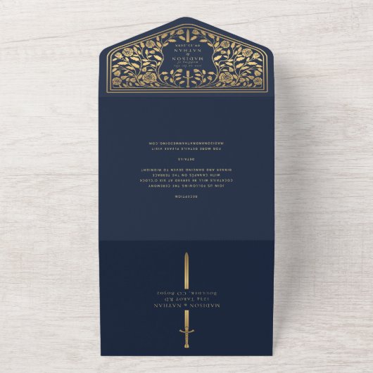 Blue Royal Medieval Sword Wedding All In One Uitnodiging (Buitenkant)