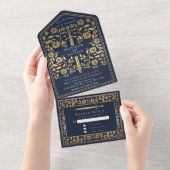 Blue Royal Medieval Sword Wedding All In One Uitnodiging (Afscheurbaar)