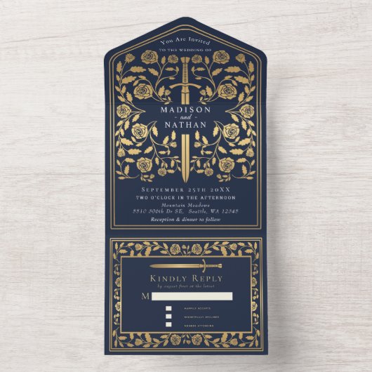 Blue Royal Medieval Sword Wedding All In One Uitnodiging (Binnen)