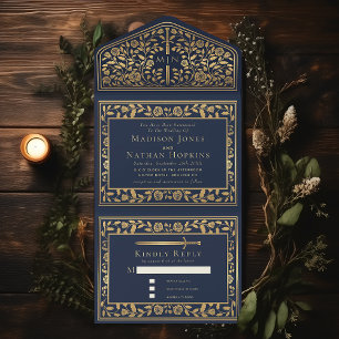 Blue Royal Medieval Sword Wedding All In One Uitnodiging