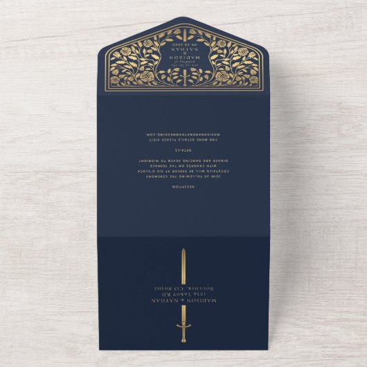 Blue Royal Medieval Sword Wedding All In One Uitnodiging (Buitenkant)