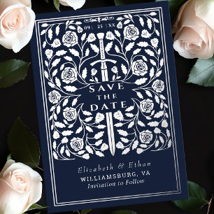 Blue Royal Medieval Sword Wedding Save the Date Folie Uitnodiging