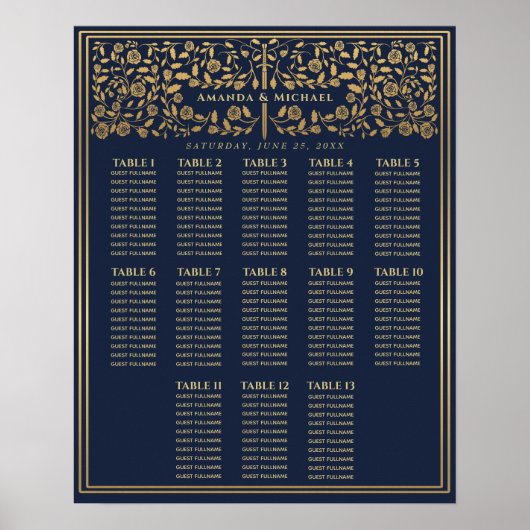 Blue Royal Medieval Sword Wedding Seating Chart Poster (Voorkant)