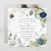 Blue Rozen Boy Baptism Invitation (Voorkant / Achterkant)