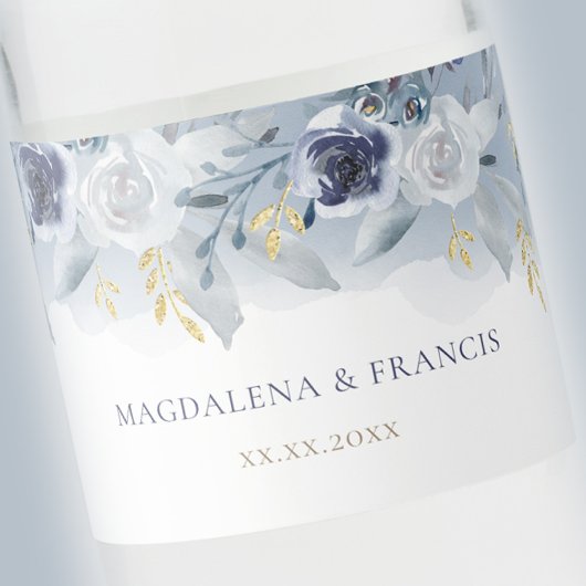 blue rozen bruiloft waterfles etiket
