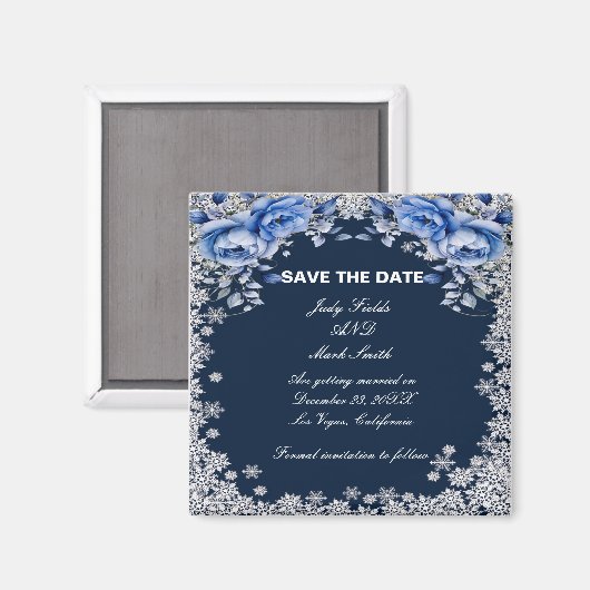 Blue Rozen Snowflake Christmas Bewaar de datum Magneet (Voorkant / Achterkant)