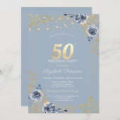 Blue Rozen String Lights Dusty Blue 50th Birthday Kaart (Voorkant / Achterkant)