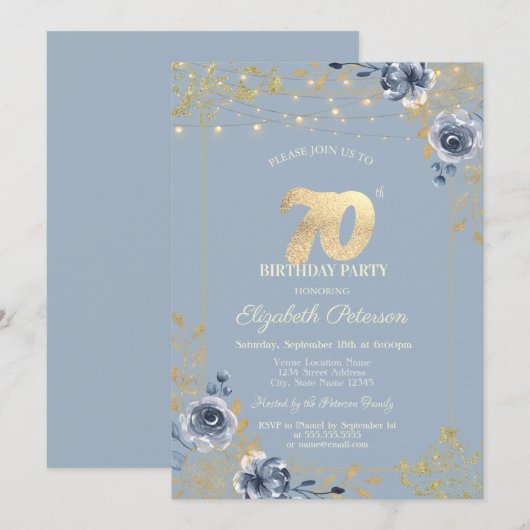 Blue Rozen String Lights Dusty Blue 70th Birthday Kaart (Voorkant / Achterkant)