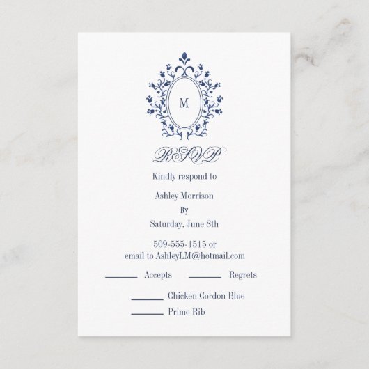 BLUE RSVP card Monogram With 2 Entree Choice Informatiekaartje (Voorkant)