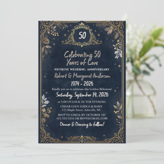 Blue Ruby Script Simple 50th Wedding Anniversary Kaart (Staand voorkant)