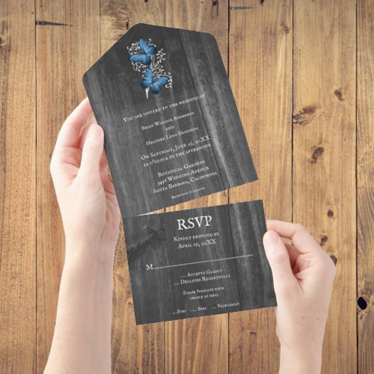 Blue Rustic Butterfly All in One Wedding Invite Uitnodiging