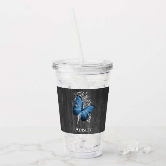 Blue Rustic Butterfly gepersonaliseerde acryltromm Acryl Drinkbeker (Voorkant ijs)