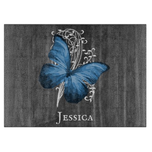 Blue Rustic Butterfly Personalized Cutting Board Snijplank (Voorkant)