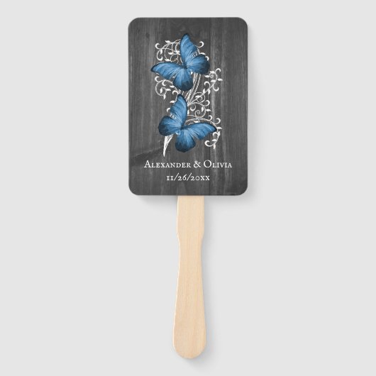 Blue Rustic Butterfly Wedding Favor Hand Fan Handwaaier (Voorkant)