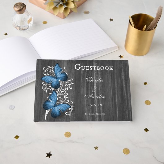 Blue Rustic Butterfly Wedding Guestbook Gastenboek (Voorkant open)