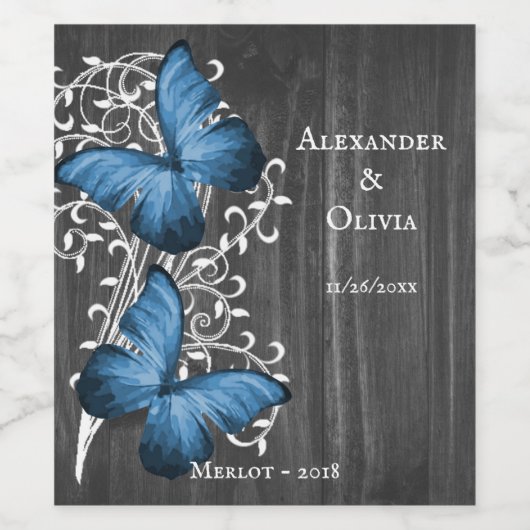 Blue Rustic Butterfly Wedding Wine Label Wijn Etiket (Enkel label)