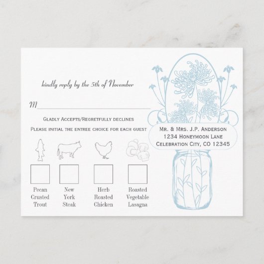 Blue Rustic Chalkboard Mason Jar Menu Keuze RSVP (Achterkant)