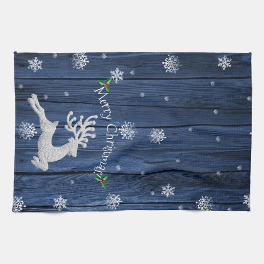 Blue Rustic Christmas Reindeer Serviette de cuisin (Horizontal)