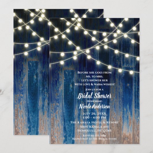 Blue Rustic Coastal Barn Wood Lights Vrijgezellenf Kaart (Voorkant / Achterkant)