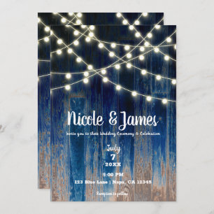 Blue Rustic Coastal Barn Wood & Lights Wedding Inv Kaart