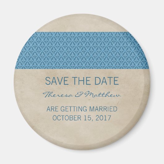 Blue Rustic Damask Save the Date Magnet Magneet (Voorkant)