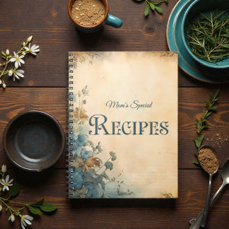 Blue Rustic Floral Victorian Family Recipe Book Notitieboek