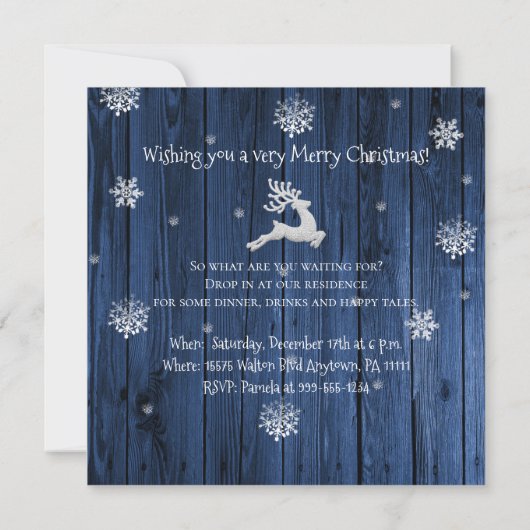 Blue Rustic-kerstreindeeruitnodiging Kaart (Achterkant)