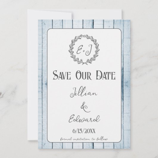 Blue Rustic Monogram sparen de datum aankondiging (Voorkant)