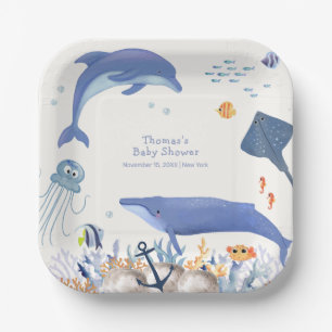 Blue Rustic Ocean Dolphin Whale Boy Baby shower Papieren Bordje