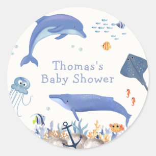 Blue Rustic Ocean Dolphin Whale Boy Baby shower Ronde Sticker
