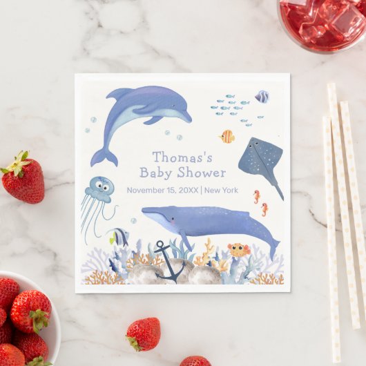 Blue Rustic Ocean Dolphin Whale Boy Baby shower Servet (Insitu)