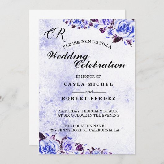 Blue Rustic Paars Roos Wedding Invitation Kaart (Voorkant / Achterkant)