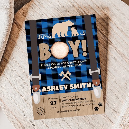 Blue Rustic Plaid Lumberjack Baby shower Kaart