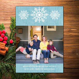 Blue Rustic Snowflake Holiday Foto Feestdagenkaart