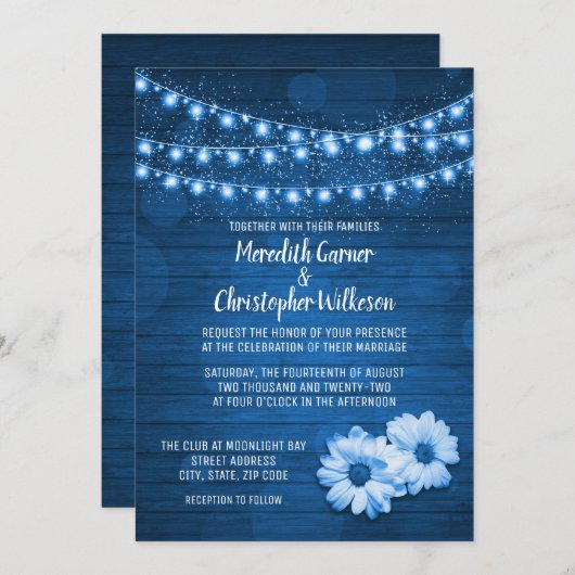 Blue Rustic String Lights Daisy Wedding Invitation Kaart (Voorkant / Achterkant)