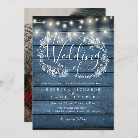 Blue Rustic String Lights Floral Photo Wedding Kaart (Voorkant / Achterkant)