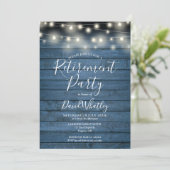 Blue Rustic String Lights Foto Retirement Party Kaart (Staand voorkant)