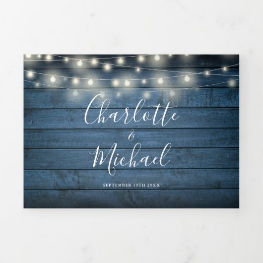 Blue Rustic String Lights Mason Jars Photo Wedding Drieluik Uitnodiging (Cover)
