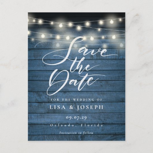 Blue Rustic String Lights QR Code Save the Date Briefkaart (Voorkant)