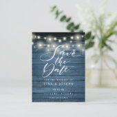 Blue Rustic String Lights QR Code Save the Date Briefkaart (Staand voorkant)