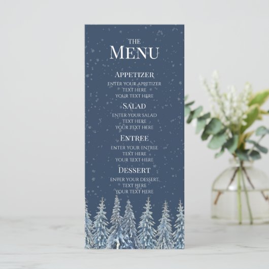 Blue Rustic Winter Forest Wedding Menu (Debout devant)