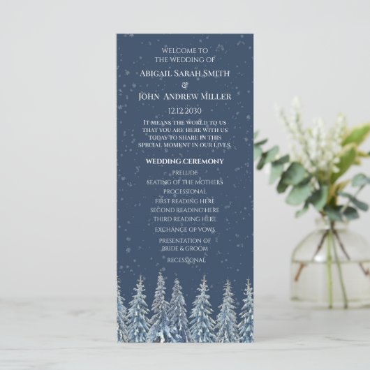 Blue Rustic Winter Forest Wedding Program Programma (Staand voorkant)