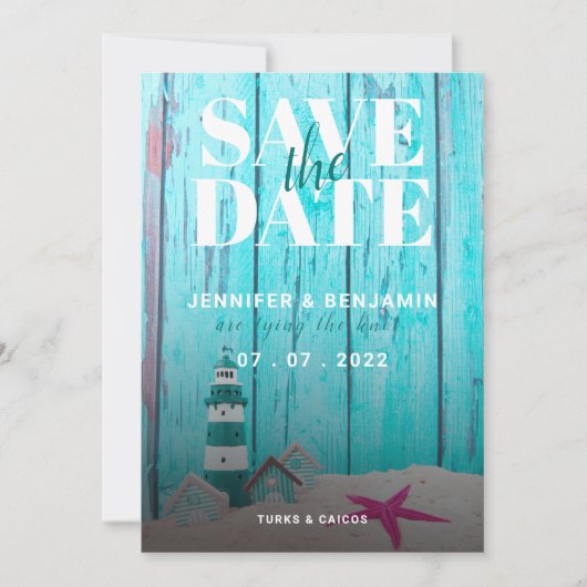 Blue Rustic Wood Beach Wedding Save the Date (Voorkant)