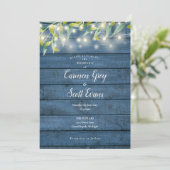 Blue Rustic Wood Eucalyptus String Lights Wedding Kaart (Staand voorkant)