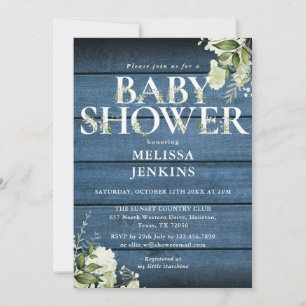 Blue Rustic Wood Floral Letter Baby shower Kaart